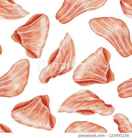 Pieces of red fish, salmon, watercolor illustration seamless pattern on white. For packaging, labels, compositions, recipes, menus and restaurants. 125935238