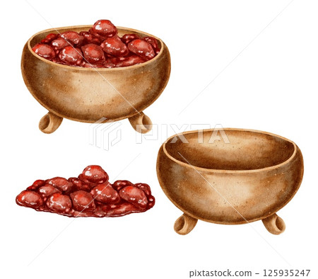 Wooden Russian traditional deep plate bowl with cherry or strawberry jam set on white. Watercolor illustration for labels, packaging, menus, decoration of compositions for holidays and festivals. 125935247