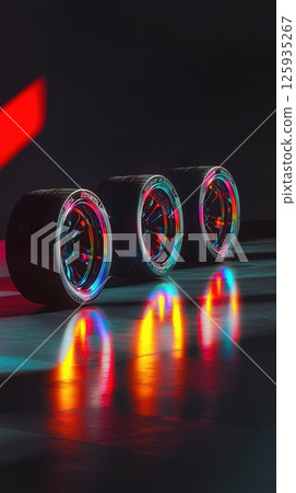 Vibrant reflections, three modern car tires illuminated by colorful neon lights showcasing futuristic automotive design. Tires with rubber tread on alloy wheels 125935267