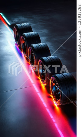 Five neon-lit racing tires aligned on a glossy surface with vibrant red and blue lighting highlights creating a futuristic vibe. Tires with rubber tread on alloy wheels 125935268