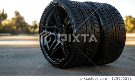 Two shiny black car tires with stylish rims on outdoor concrete surface reflecting sunlight in an automobile maintenance setting. Tires with rubber tread on alloy wheels 125935281