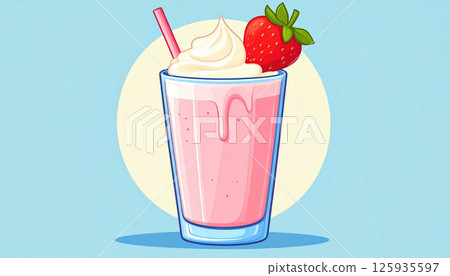 Refreshing strawberry milkshake with whipped cream and straw against light blue background 125935597