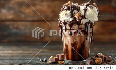 Decadent chocolate milkshake topped with whipped cream, ice cream, and chocolate syrup, garnished with nuts and chocolate pieces 125935618