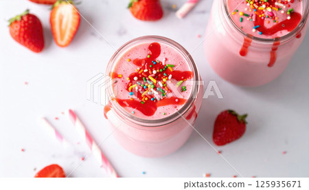 Creamy strawberry milkshake topped with colorful sprinkles and syrup, surrounded by fresh strawberries and striped straws 125935671