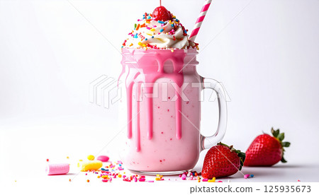 Delicious pink strawberry milkshake with whipped cream, sprinkles, and striped straw in glass mug 125935673
