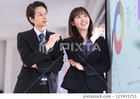 穿著西裝的年輕男女確認示範內容 125935755