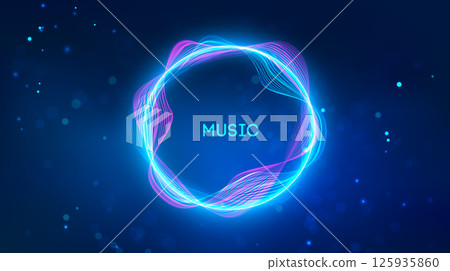 Sound background music waves. Futuristic neon technology music wave circle. Radial sound wave curve background. 125935860