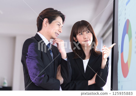 西裝革履的年輕男女正為演講內容而苦惱 125935883