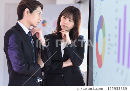 Young men and women in suits struggling with the content of their presentation 125935889