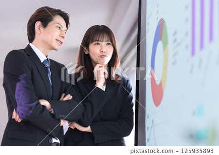 Young men and women in suits struggling with the content of their presentation 125935893