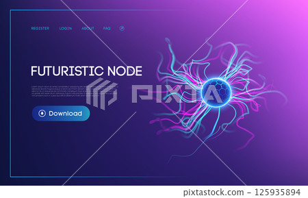 Futuristic node concept with glowing blue energy sphere, abstract neural connections, and vibrant electric light trails on a purple gradient background with UI elements Futuristic node concept with glowing blue energy sphere, abstract neural connections, and vibrant electric light trails on a purple gradient background with UI elements 125935894