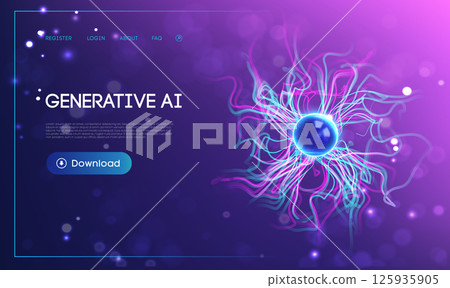 Futuristic generative ai technology background with glowing abstract neural network, blue energy sphere, and vibrant electric light trails data flow on a purple gradient background with UI elements. Futuristic generative ai technology background with glowing abstract neural network, blue energy sphere, and vibrant electric light trails data flow on a purple gradient background with UI elements. 125935905