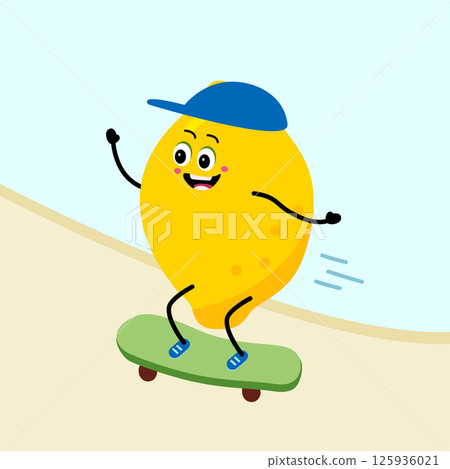 Cute Lemon character riding a skateboard. Cartoon Happy Lemon on skateboard. 125936021