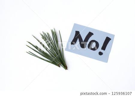 A blue card saying "No" and pine leaves 125936107