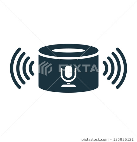 Smart speaker listening and emitting sound waves with microphone icon 125936121