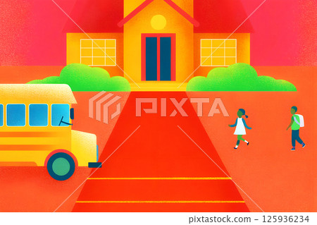 Children walk joyfully to school, with a bright yellow bus waiting, creating a colorful scene Children walk joyfully to school, with a bright yellow bus waiting, creating a colorful scene 125936234