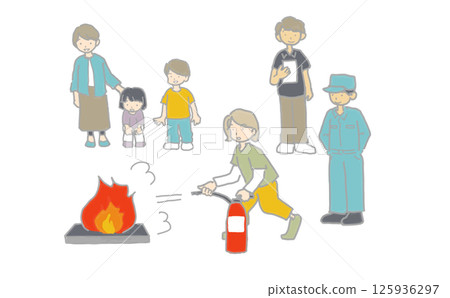 防災訓練中體驗消防的人們的插圖 防災訓練中體驗消防的人們的插圖 125936297