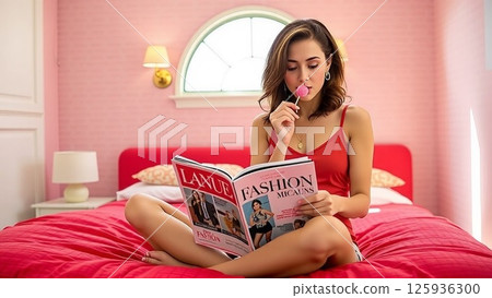 女人在臥室一邊舔糖果一邊看雜誌 125936300