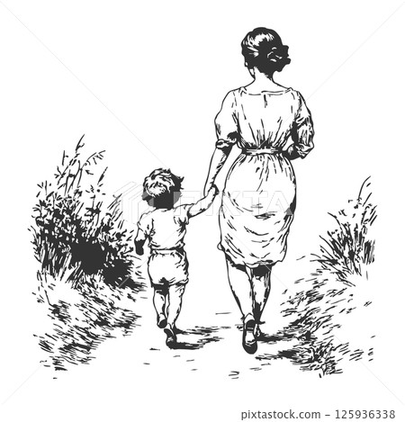 Vector illustration of mother and child walking on a path. Godmother hand-drawn ink clipart. 125936338