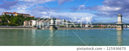 Beautiful capital of Hungary - Budapest. View of downtown with Chain bridge across the Danube river  125936670