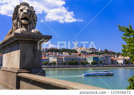 Beautiful capital of Hungary - Budapest. View of downtown with Chain bridge across the Danube river with lion sculpture Beautiful capital of Hungary - Budapest. View of downtown with Chain bridge across the Danube river with lion sculpture 125936672