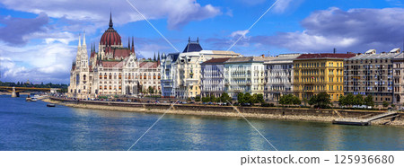 Budapest capital city of Hungary. Iconic view of Parlament (hungarian parliament) over Danube river.  125936680