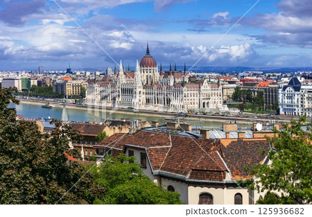 Budapest capital city of Hungary. Iconic view of Parlament (hungarian parliament) over Danube river and historic center Budapest capital city of Hungary. Iconic view of Parlament (hungarian parliament) over Danube river and historic center 125936682