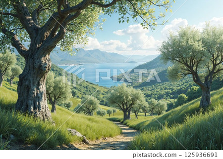 透過橄欖樹看到的湖泊 125936691