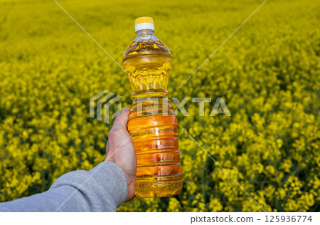 A hand holds a bottle of rapeseed oil in front of a vast yellow canola field under clear blue skies, symbolizing agriculture and growth 125936774