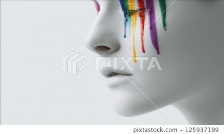 Face with Dripping Rainbow Paint on a White Background Face with Dripping Rainbow Paint on a White Background 125937199