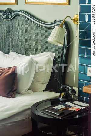 Stylish hotel room featuring vintage decor and inviting ambiance. High quality photo Stylish hotel room featuring vintage decor and inviting ambiance. High quality photo 125937208