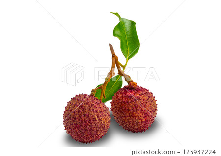 Ripe Lychee with green leaves isolated on white background. 125937224