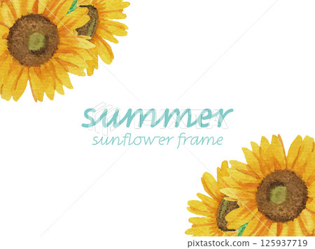 Frame illustration with hand-drawn watercolor sunflowers arranged in the top left and bottom right (with sample text) 125937719