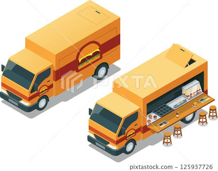 Burger food truck with opened shop model - Isometric food vehicle set 125937726