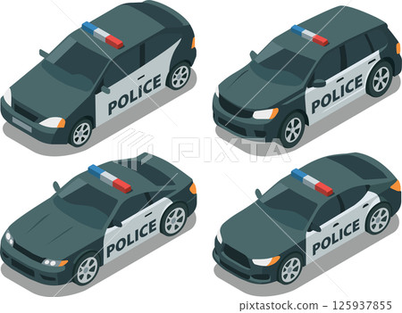 Isometric classic black and white police car set 125937855
