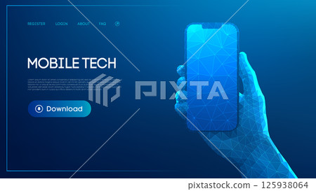 Low poly hand holding a smartphone with geometric blue shapes on a digital background. Blue futuristic technology background. 125938064
