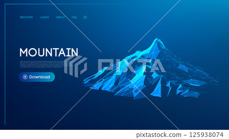 Futuristic polygonal low poly mountain illustration with glowing blue tones and digital grid design 125938074
