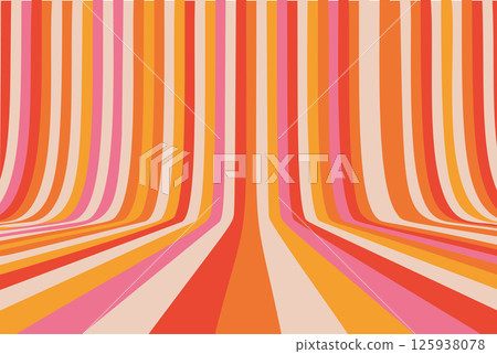 Retro Vintage Line Background 70s Color Pattern. Perspective Stripe Rainbow Abstract 1970s Poster Design. Geometric 60s 80s Vector Path Wallpaper Illustration 125938078