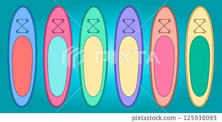 Colorful set of summer surfboard illustrations in various pastel and vibrant color combinations on a sea wave color gradient background. Ideal for summertime, ocean activity, and outdoor sports design Colorful set of summer surfboard illustrations in various pastel and vibrant color combinations on a sea wave color gradient background. Ideal for summertime, ocean activity, and outdoor sports design 125938093