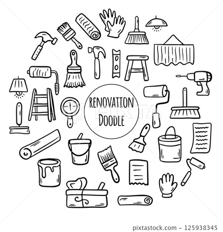 Doodle Construction tools set. Illustration of building and renovation. House repair concept collection 125938345