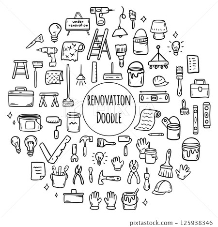 Hand drawn doodle Construction tools set. Illustration of building and renovation. House repair concept collection 125938346