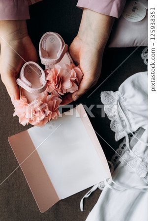 Baby Baptism Invitation with Pink Shoes Display 125938351