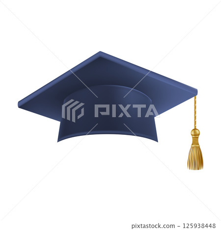 Realistic Blue graduate cap. 3D Graduation Doctoral hat. 125938448