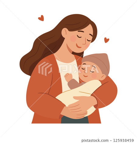 Mother Holding Newborn Baby, Vector Illustration. Happy Mom Embracing Infant. Flat Style Cartoon Maternity Concept for Mothers Day, Parenting, Family Love, Childcare, Baby Care Design 125938459