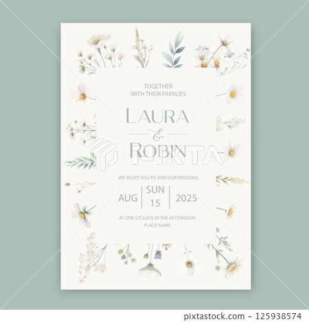 Garden Flowers Wedding Invitation Card Design, Wildflower Wedding Invite, Colorful Spring Floral Invitation Card in white and green colors. Garden Flowers Wedding Invitation Card Design, Wildflower Wedding Invite, Colorful Spring Floral Invitation Card in white and green colors. 125938574