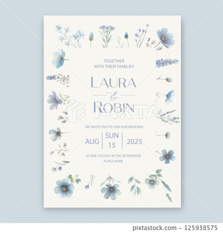 Garden Flowers Wedding Invitation Card Design, Wildflower Wedding Invite, Colorful Spring Floral Invitation Card in blue colors. Garden Flowers Wedding Invitation Card Design, Wildflower Wedding Invite, Colorful Spring Floral Invitation Card in blue colors. 125938575