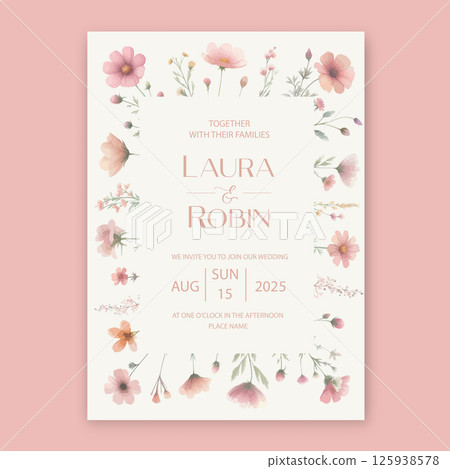 Garden Flowers Wedding Invitation Card Design, Wildflower Wedding Invite, Colorful Spring Floral Invitation Card in pink colors. 125938578