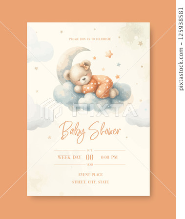 Watercolor New born baby shower invitation. Greeting card with sleeping teddy bear on cloud around the stars in orange pajamas. 125938581
