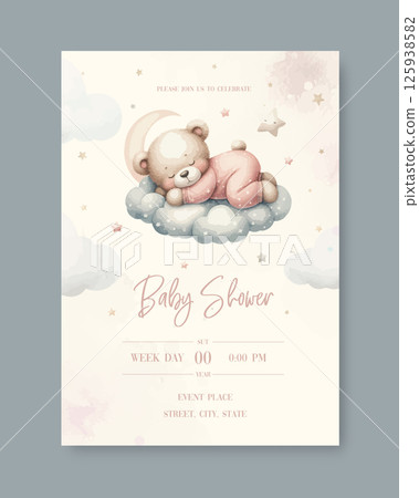 Watercolor New born baby shower invitation. Greeting card with sleeping teddy bear on cloud around the stars in pink pajamas. Watercolor New born baby shower invitation. Greeting card with sleeping teddy bear on cloud around the stars in pink pajamas. 125938582
