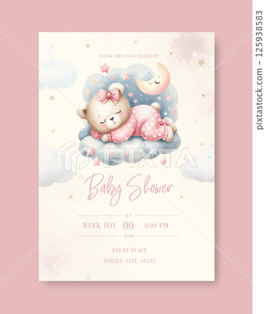 Watercolor New born baby shower invitation. Greeting card with sleeping teddy bear on cloud around the stars in pink pajamas. 125938583